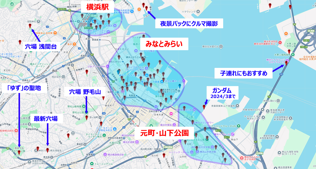 横浜中心部の夜景マップ